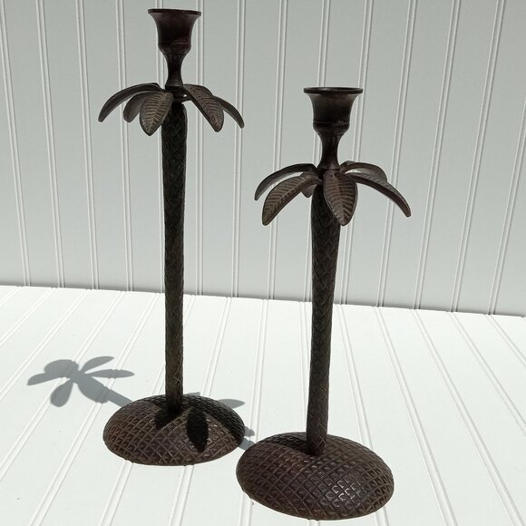 Wrought Iron Palm Tree Candlesticks Taper Candle Holders Bronze Textured Vintage - Picture 1 of 12